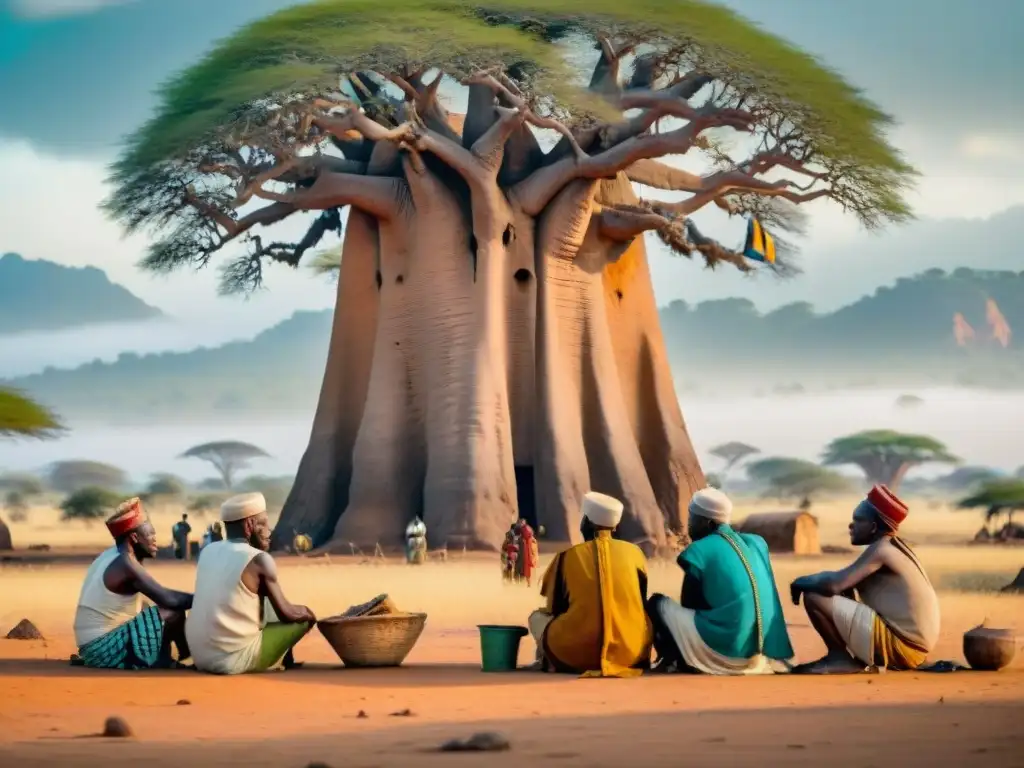 Un grupo de ancianos africanos se reúne bajo un baobab, discutiendo el Impacto del colonialismo en África