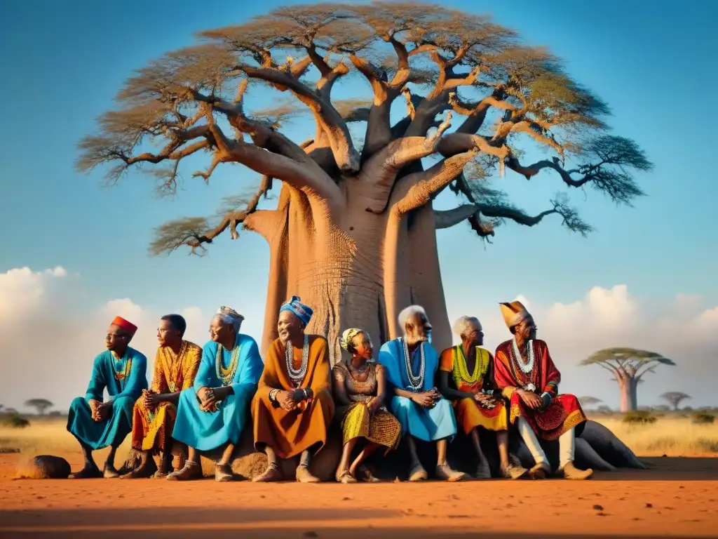 Grupo de ancianos africanos bajo un baobab, reflejando la historia y la resistencia cultural ante el impacto del colonialismo en África