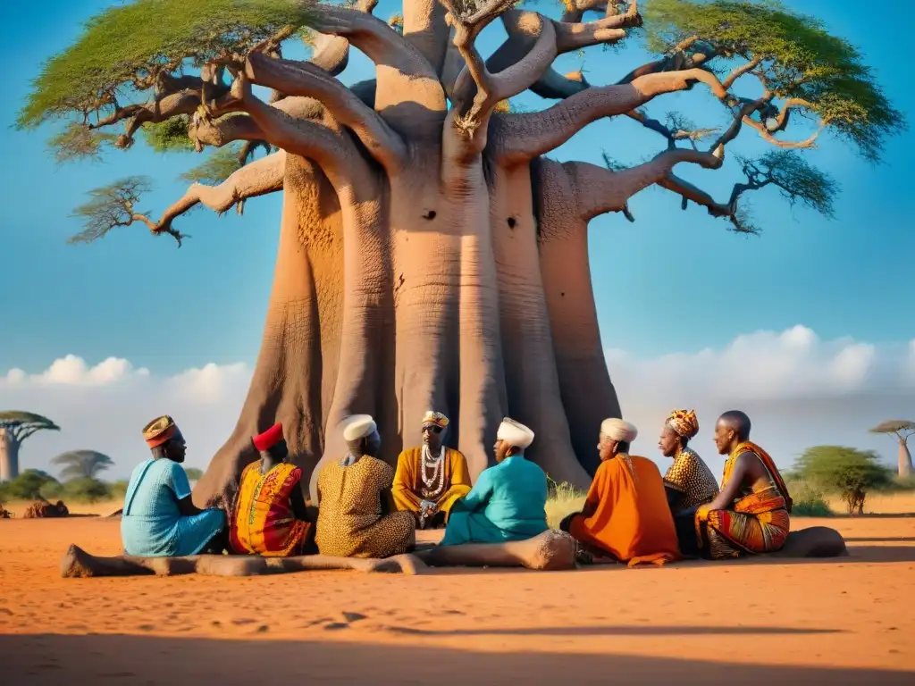 Un grupo de ancianos africanos debatiendo bajo un baobab, vestidos con trajes tradicionales vibrantes