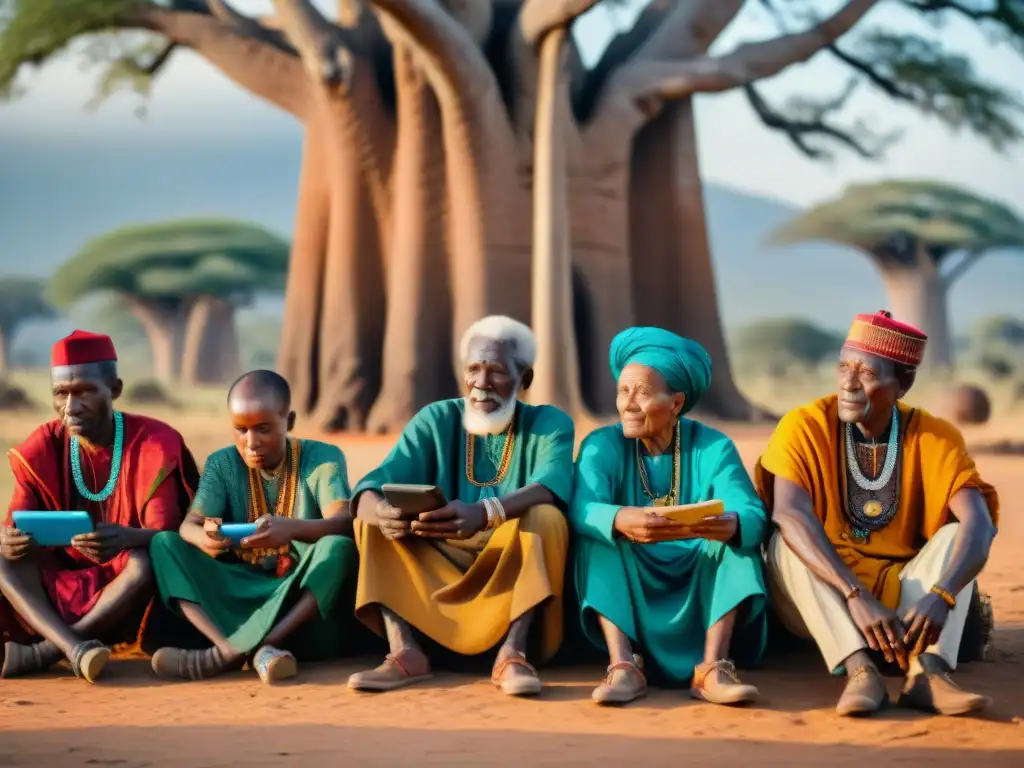 Un grupo de ancianos africanos bajo un baobab, adaptando idiomas africanos a la globalización