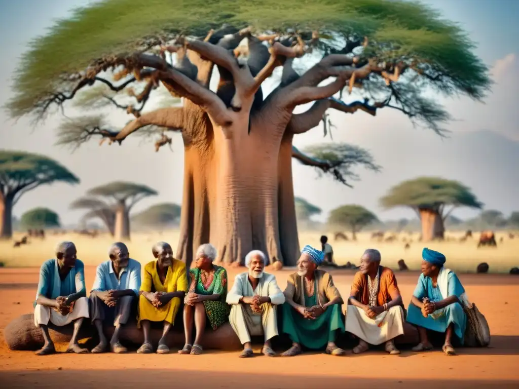 Un grupo de ancianos africanos bajo un baobab, simbolizando la Importancia de Ancianos en África