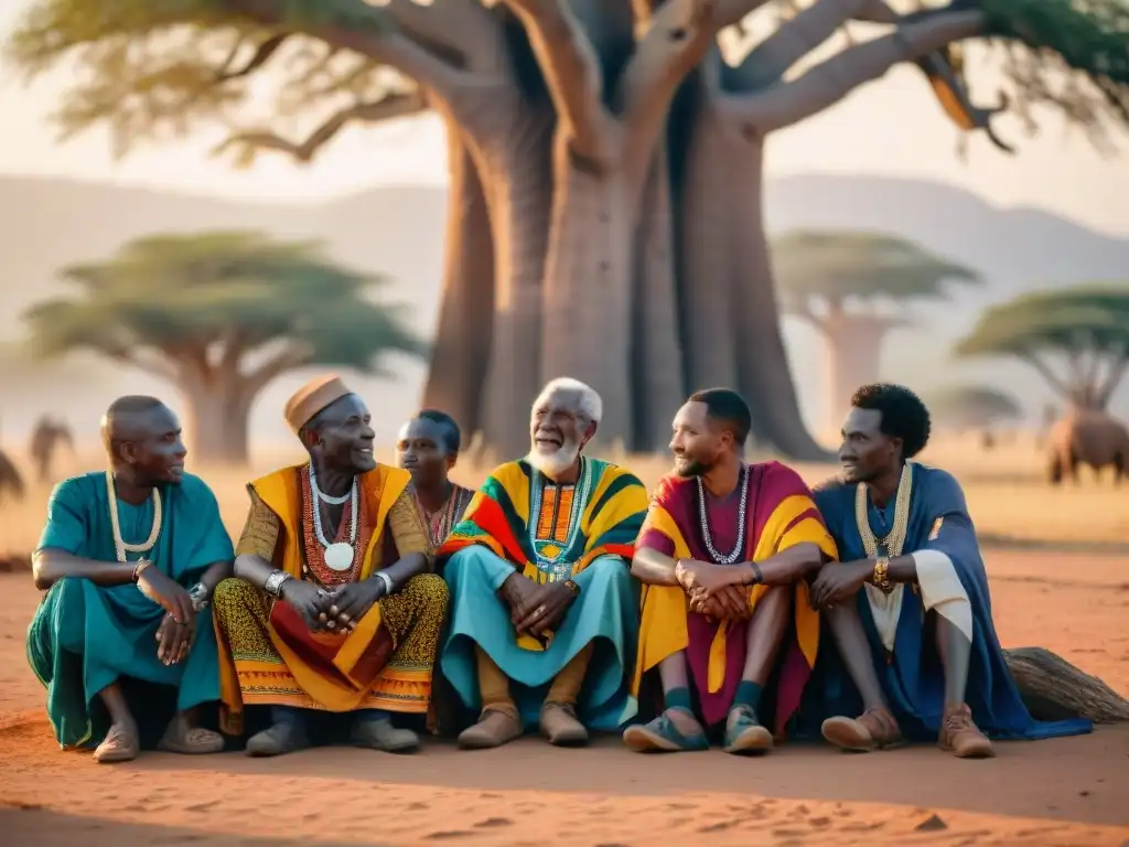 Grupo de ancianos africanos charlando bajo un baobab al atardecer, reflejando la revalorización del patrimonio cultural inmaterial africano