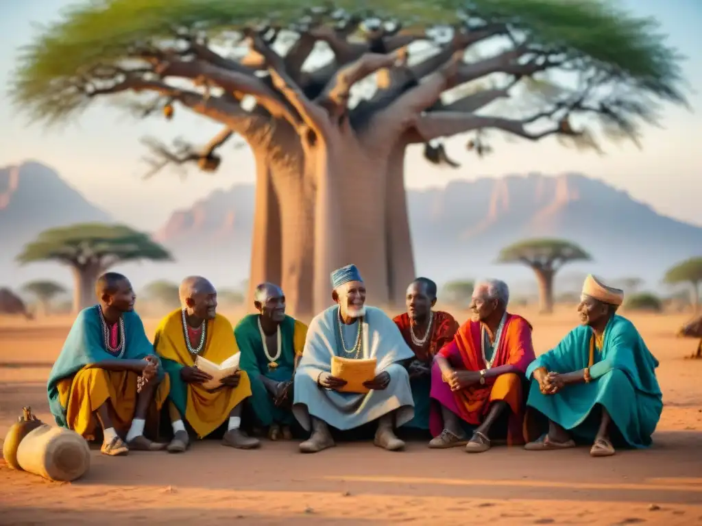 Grupo de ancianos africanos debatiendo bajo un baobab con pergaminos de proverbios africanos