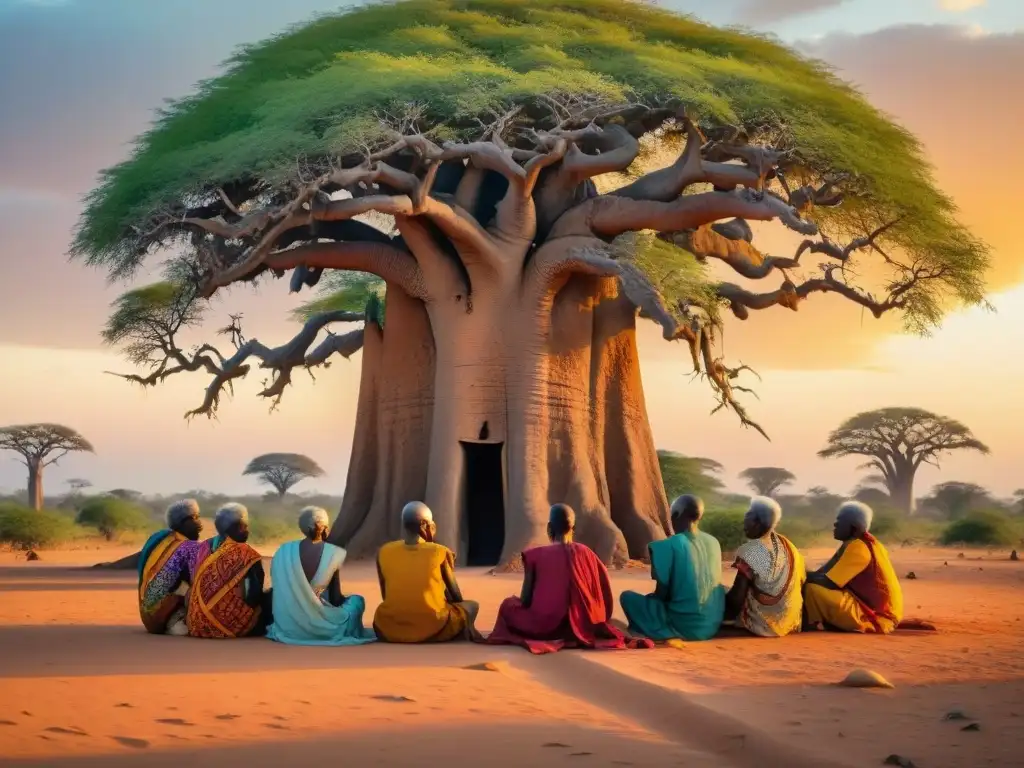 Un grupo de ancianos africanos bajo un baobab, compartiendo sabiduría y enseñanzas ancestrales al atardecer