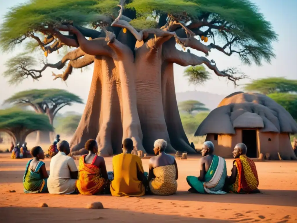 Un grupo de ancianos africanos discuten bajo un baobab