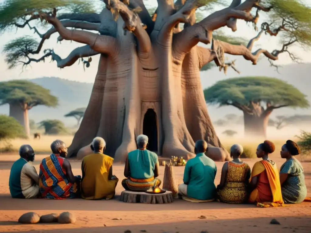 Un grupo de ancianos africanos se reúne bajo un baobab ancestral para una ceremonia de sanación