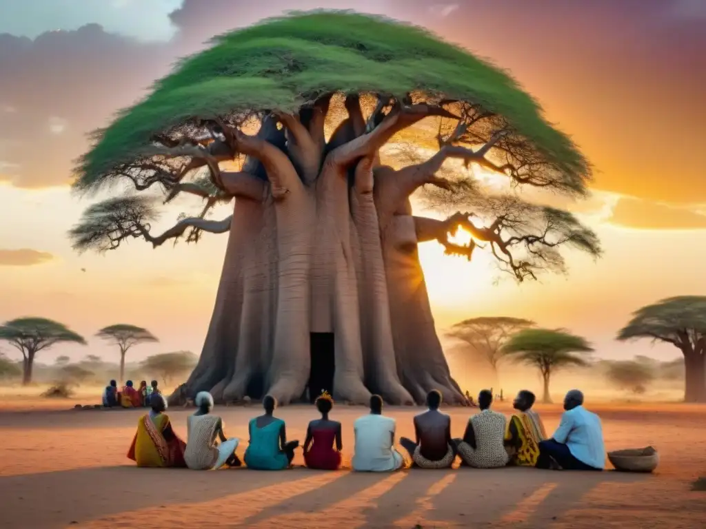 Un grupo de ancianos africanos resistiendo la colonización bajo un Baobab al atardecer