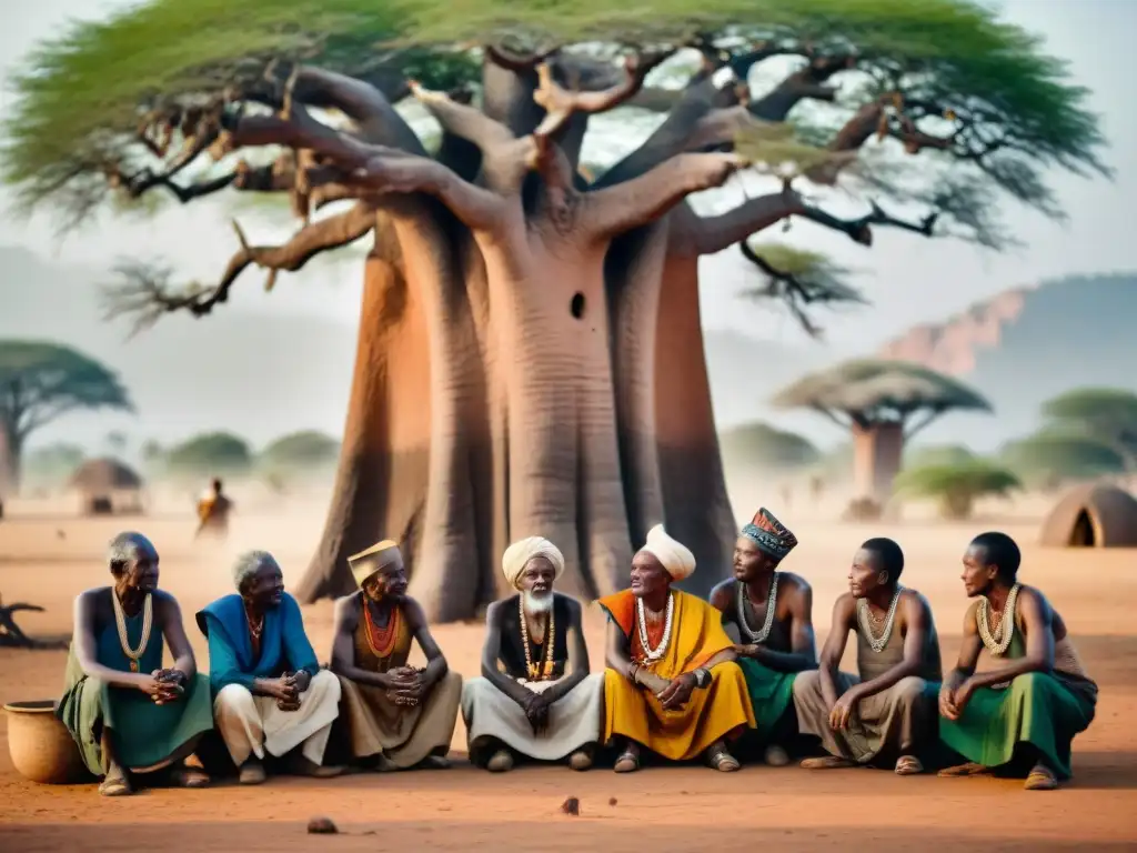 Un grupo de ancianos africanos se reúne bajo un baobab, discutiendo con gestos y expresiones serias, en una aldea rural