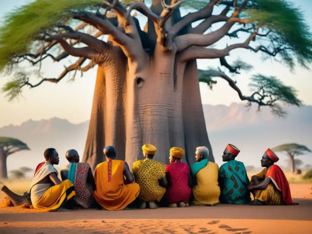 Un grupo de ancianos africanos se reúne bajo un baobab, discutiendo en la sabana al atardecer