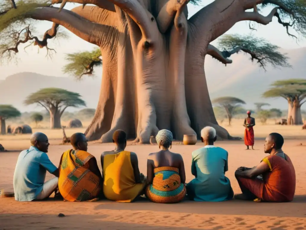 Grupo de ancianos africanos debatiendo bajo un baobab al atardecer, reflejando la influencia de creencias en leyes africanas