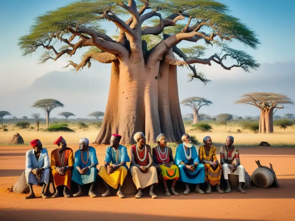 Un grupo de ancianos africanos debatiendo bajo un baobab, con atuendos tradicionales y marcas tribales