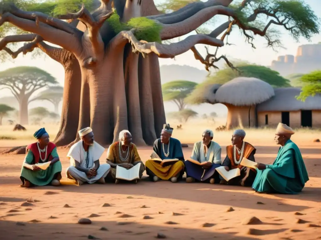 Un grupo de ancianos africanos debatiendo bajo un baobab, rodeados de documentos coloniales