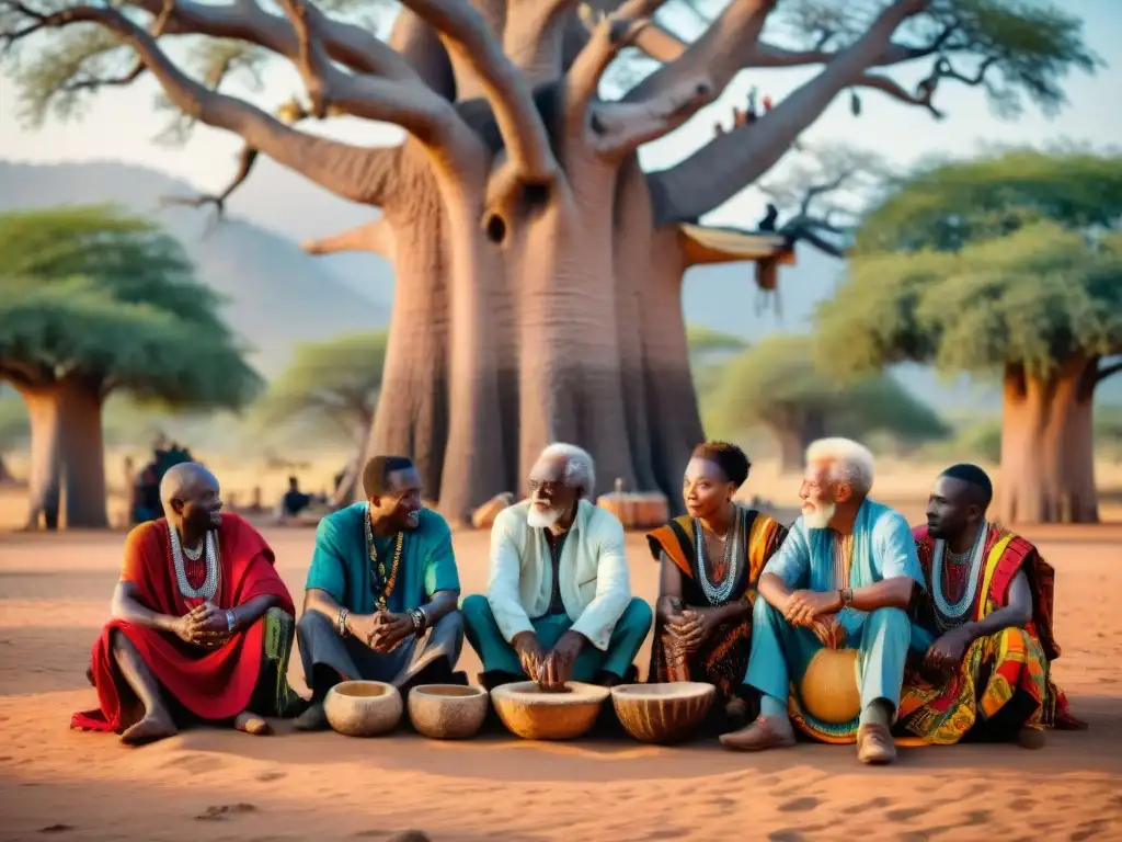 Grupo de ancianos africanos bajo un baobab, compartiendo sabiduría y tradiciones