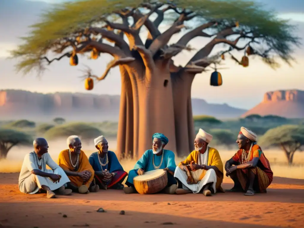 Un grupo de ancianos africanos conversan bajo un baobab, rodeados de instrumentos y textiles tradicionales