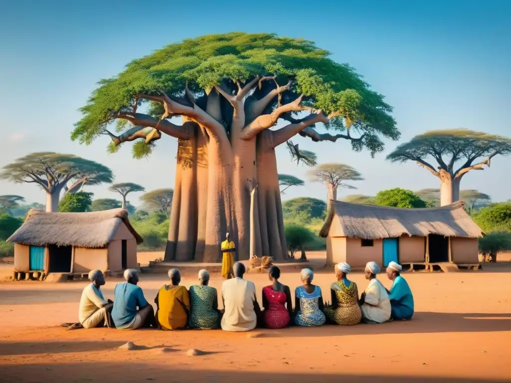 Grupo de ancianos africanos debatiendo bajo un baobab con libros antiguos en lenguas de África Central, en una aldea tradicional