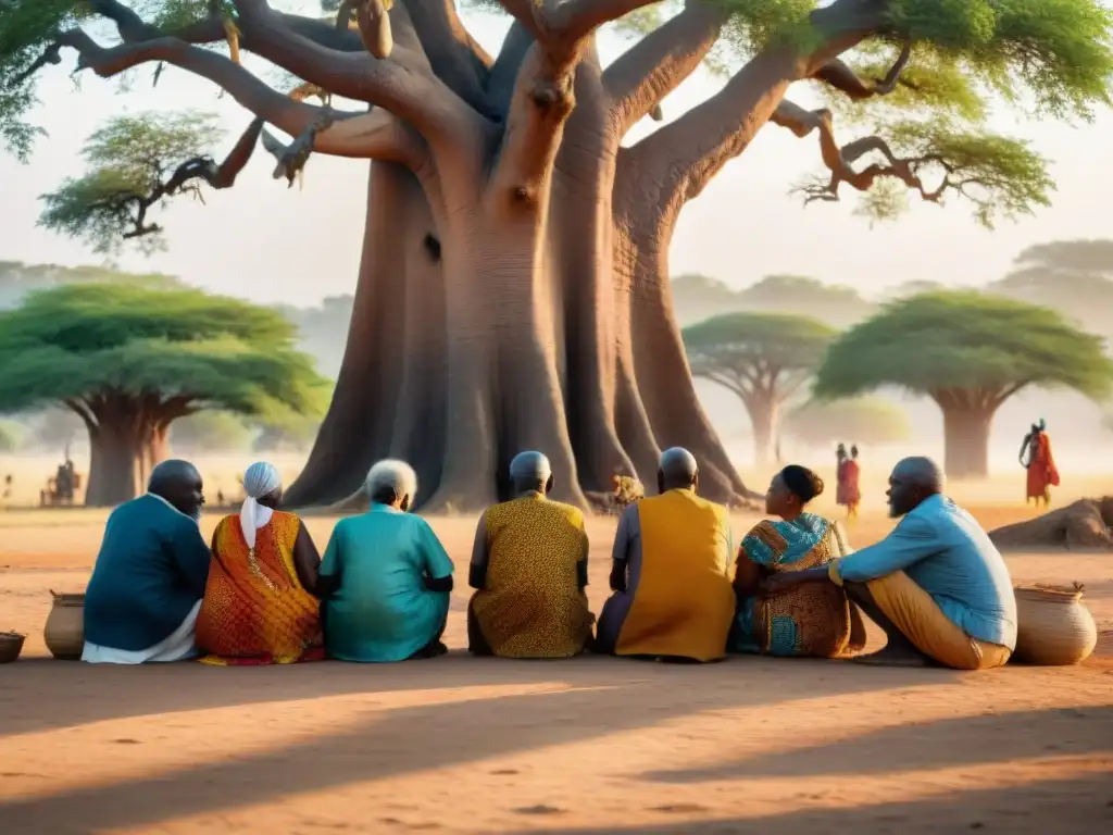 Un grupo de ancianos africanos discuten bajo un baobab, mostrando sistemas de escritura en África