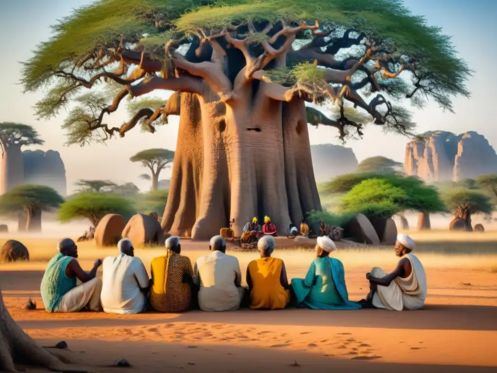 Un grupo de ancianos africanos bajo un baobab discuten símbolos numéricos en piedra