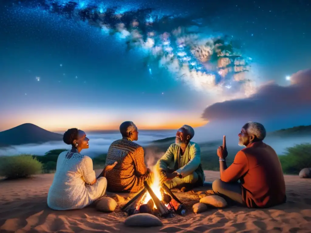 Un grupo de ancianos africanos en un campamento, iluminados por el fuego, discuten la importancia de la astronomía en sus civilizaciones