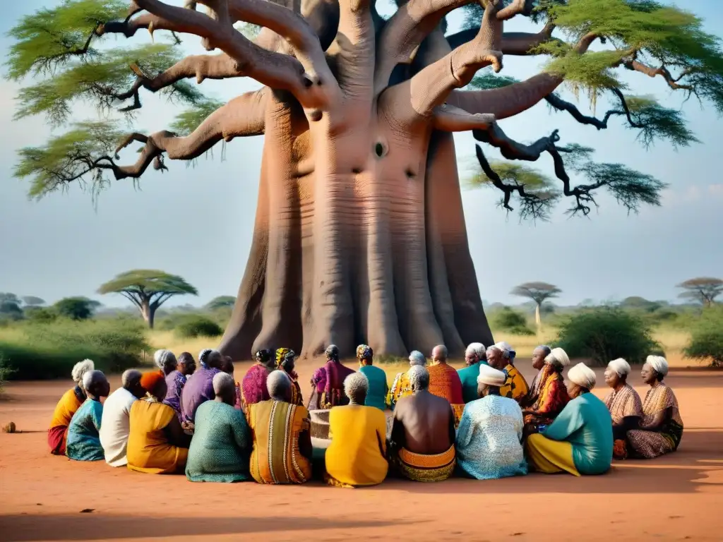 Un grupo de ancianos africanos realiza una ceremonia de curación tradicional bajo un baobab