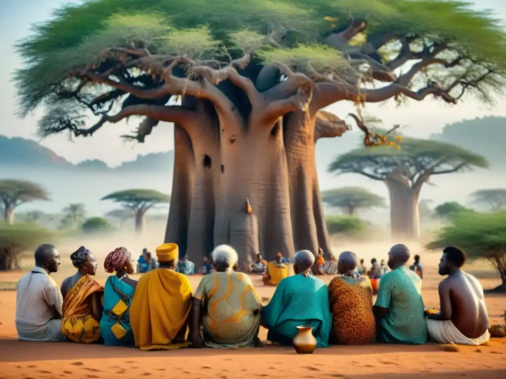 Grupo de ancianos africanos realizando ceremonia de sanación bajo un baobab