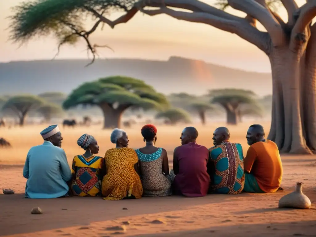 Grupo de ancianos africanos en círculo bajo baobab, discutiendo animadamente al atardecer