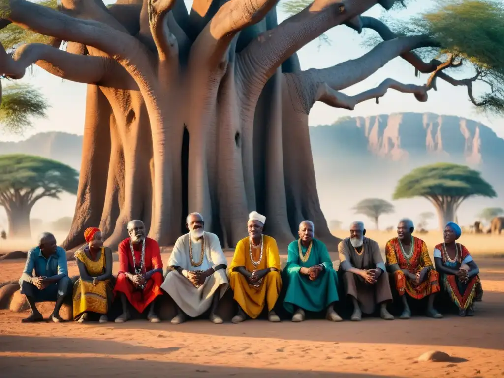 Un grupo de ancianos africanos en coloridos atuendos bajo un baobab, inmersos en una animada y solemne discusión