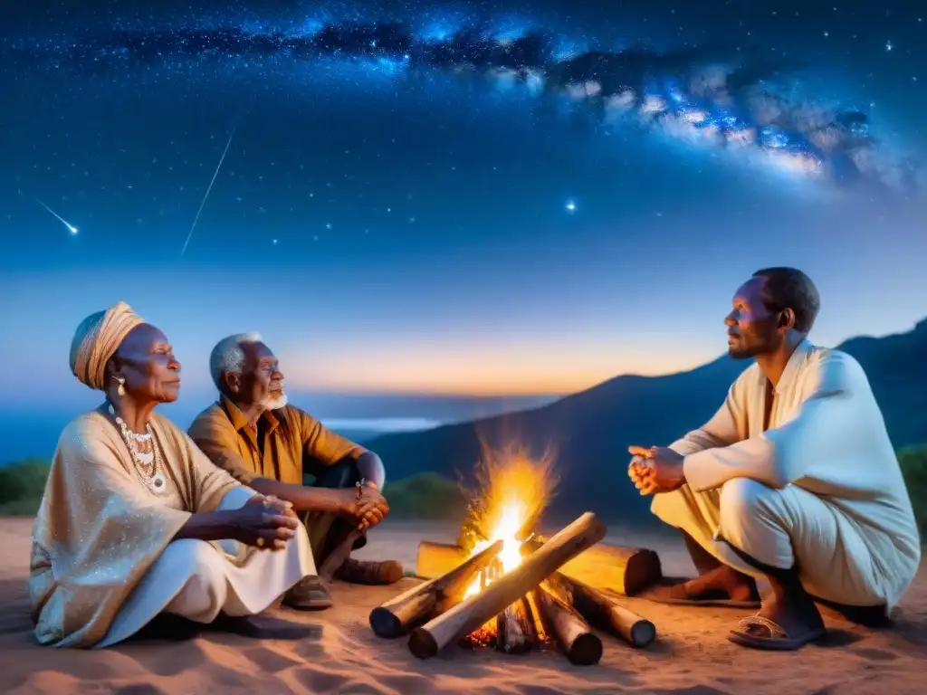 Grupo de ancianos africanos bajo las estrellas, compartiendo la astronomía indígena africana influencia global