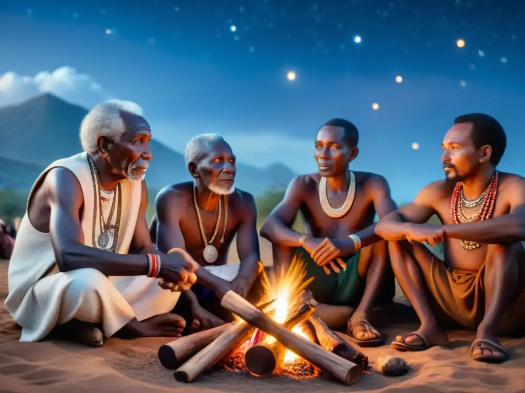 Un grupo de ancianos africanos en una fogata bajo un cielo estrellado, rodeados de artefactos tradicionales