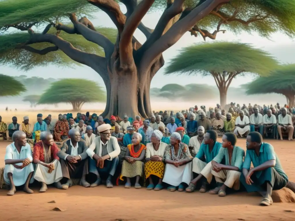 Un grupo de ancianos africanos comparte historias bajo un árbol en una aldea rural