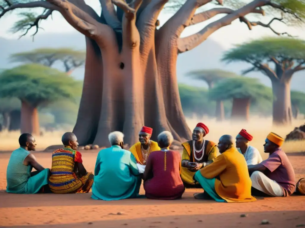 Grupo de ancianos africanos comparten historias bajo baobab, resaltando Patrimonio cultural inmaterial africano revalorización