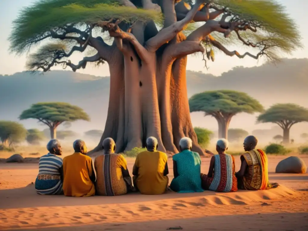 Un grupo de ancianos africanos comparte historias bajo un baobab al atardecer