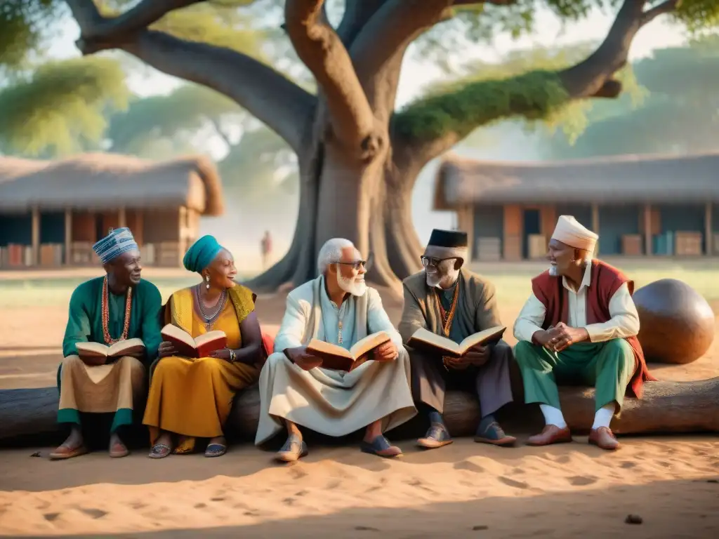 Conversaciones ancestrales bajo el árbol: preservación cultural en África Grupo de ancianos africanos preservando lenguas minoritarias bajo un árbol centenario