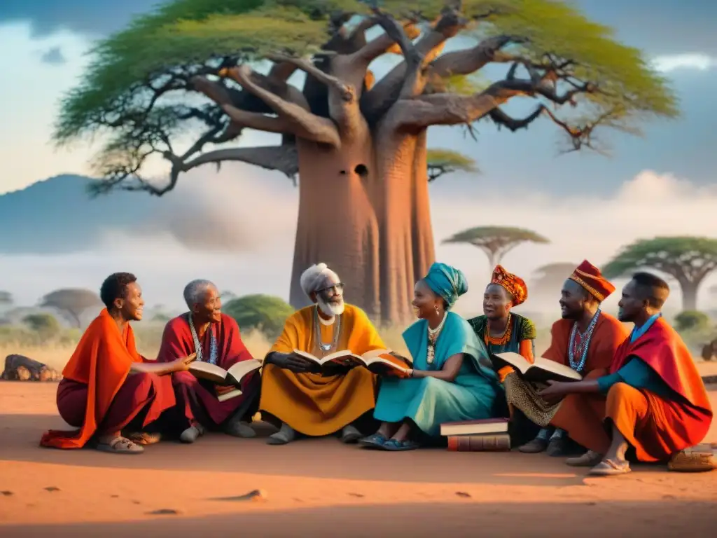 Un grupo de ancianos africanos revive lenguas antiguas bajo un baobab, compartiendo historias y sabiduría en la naturaleza africana al atardecer