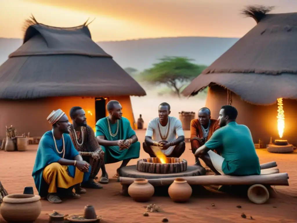 Un grupo de ancianos africanos rodea una máquina energética antigua al atardecer, fusionando tradición con innovación