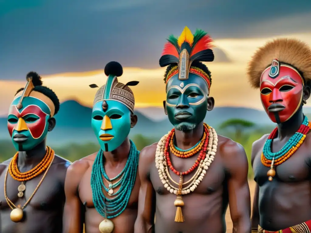 Un grupo de ancianos africanos con máscaras de madera en un ritual nocturno