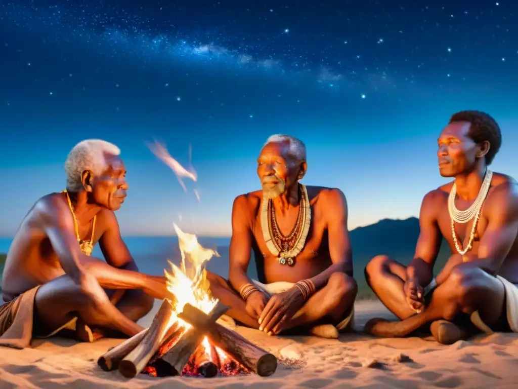 Grupo de ancianos africanos compartiendo mitos y lenguas antiguas alrededor del fuego nocturno estrellado