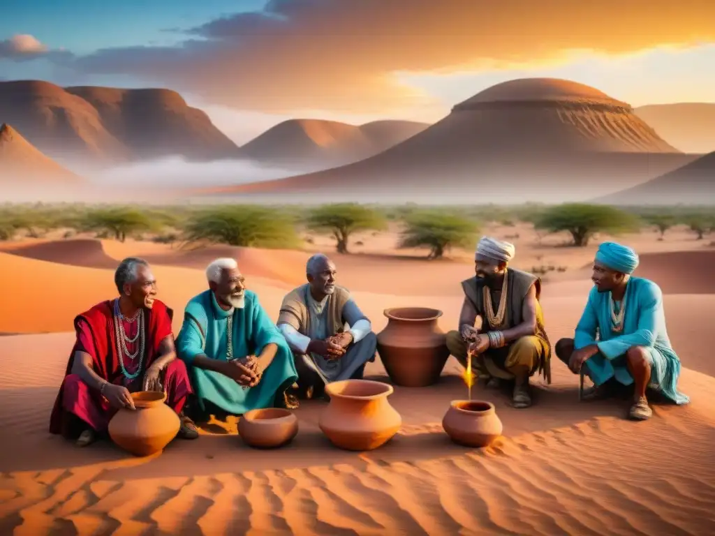 Grupo de ancianos africanos en un oasis, discutiendo sobre técnicas ancestrales de gestión del agua en África