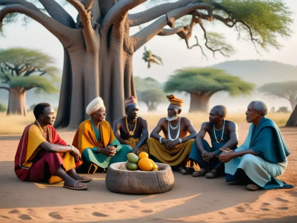 Un grupo de ancianos africanos en prácticas espirituales bajo un baobab al atardecer