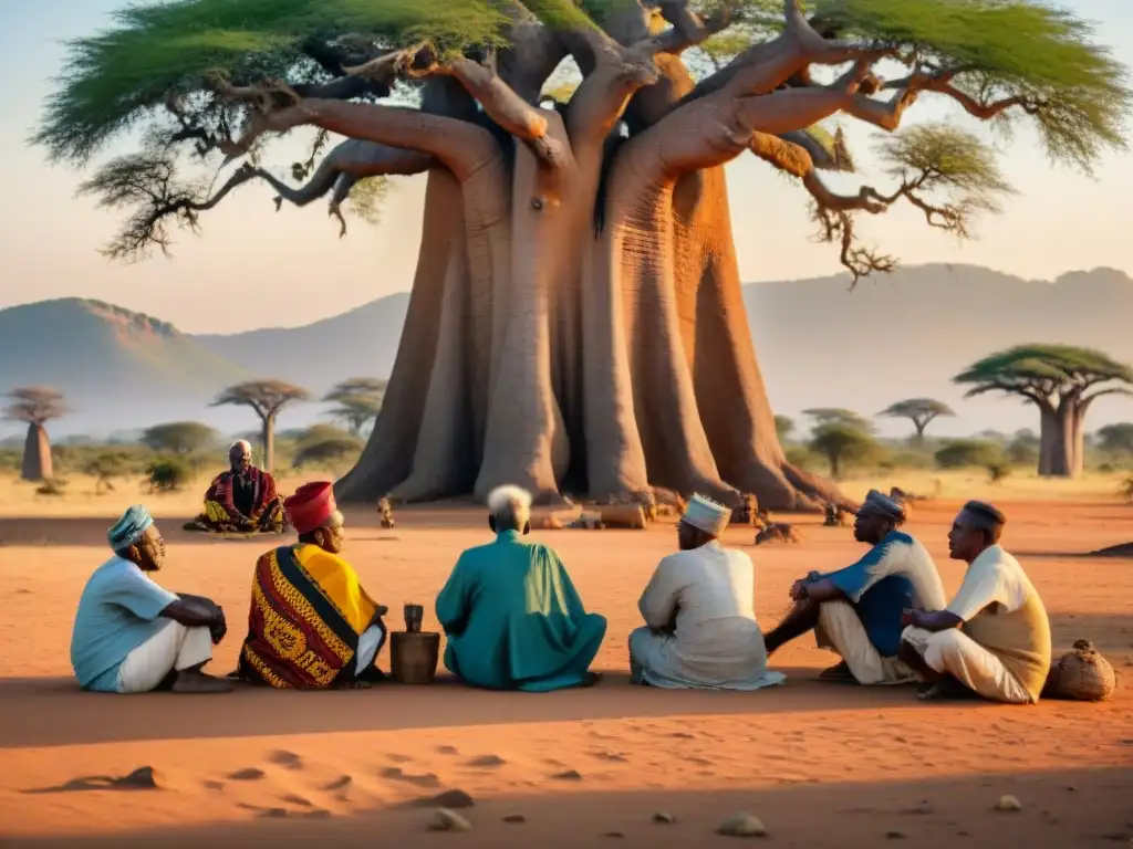 Un grupo de ancianos africanos resistiendo a la colonización, profundamente preocupados bajo un baobab