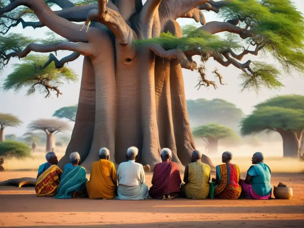 Un grupo de ancianos africanos comparten proverbios bajo un baobab centenario