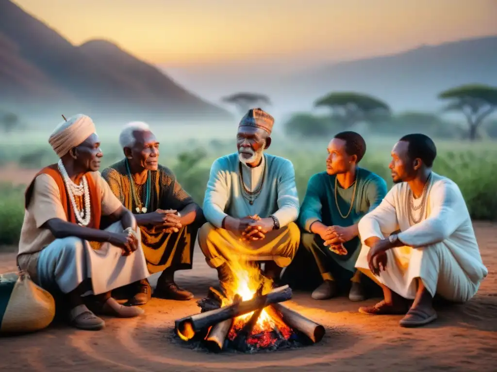 Grupo de ancianos africanos reunidos alrededor de una hoguera, preservando la espiritualidad de civilizaciones africanas al atardecer