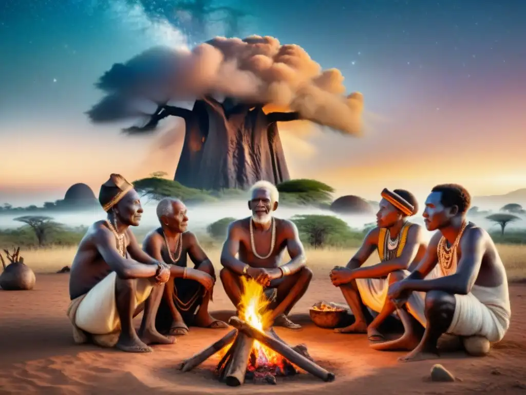 Un grupo de ancianos africanos reunidos alrededor de una fogata en una noche estrellada, en un ritual con cosmología africana rituales visión mundo