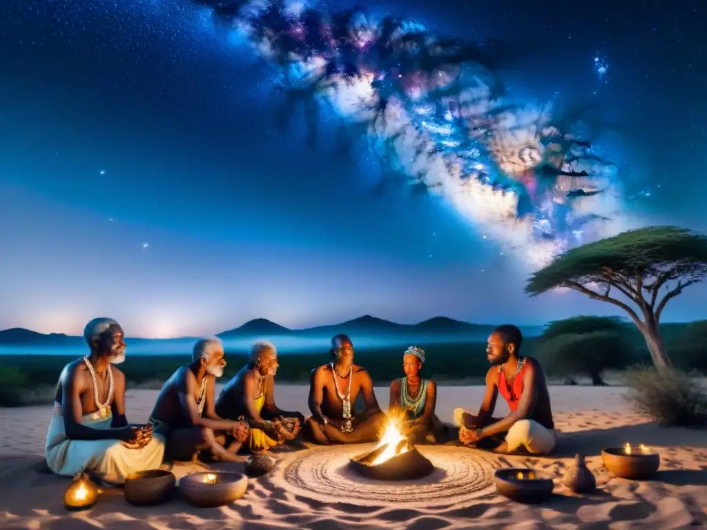 Grupo de ancianos africanos realizando un ritual bajo un cielo estrellado, con la Vía Láctea visible