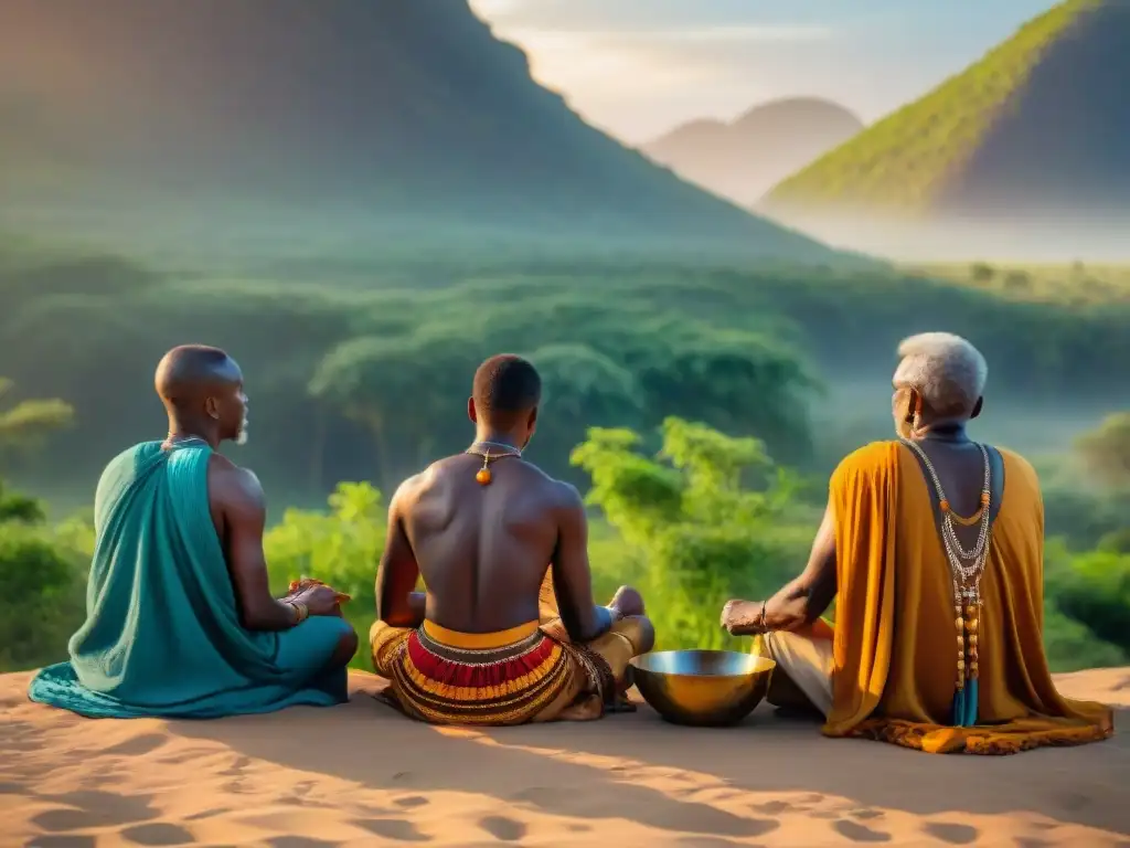 Un grupo de ancianos africanos realiza un ritual espiritual al atardecer, rodeados de naturaleza exuberante y fauna salvaje africana