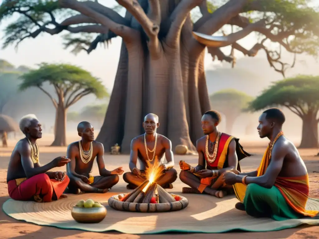 Grupo de ancianos africanos realiza ritual de ofrenda bajo baobab al atardecer, enraizado en tradiciones espirituales africanas