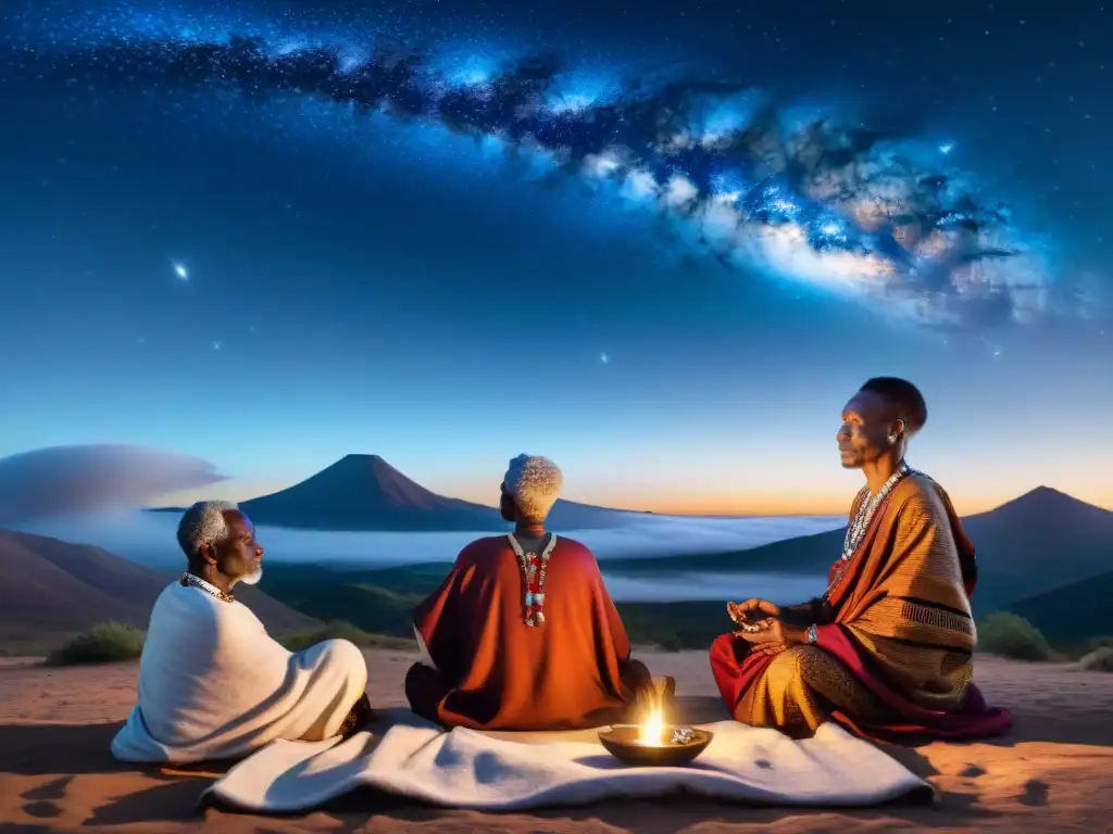 Un grupo de ancianos africanos en un ritual sagrado bajo un cielo estrellado, en un paisaje de conexión cósmica