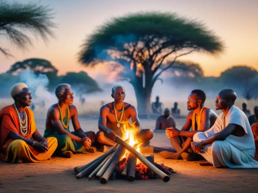 Grupo de ancianos africanos en ritual tradicional alrededor del fuego al atardecer, expresando sabiduría y reverencia