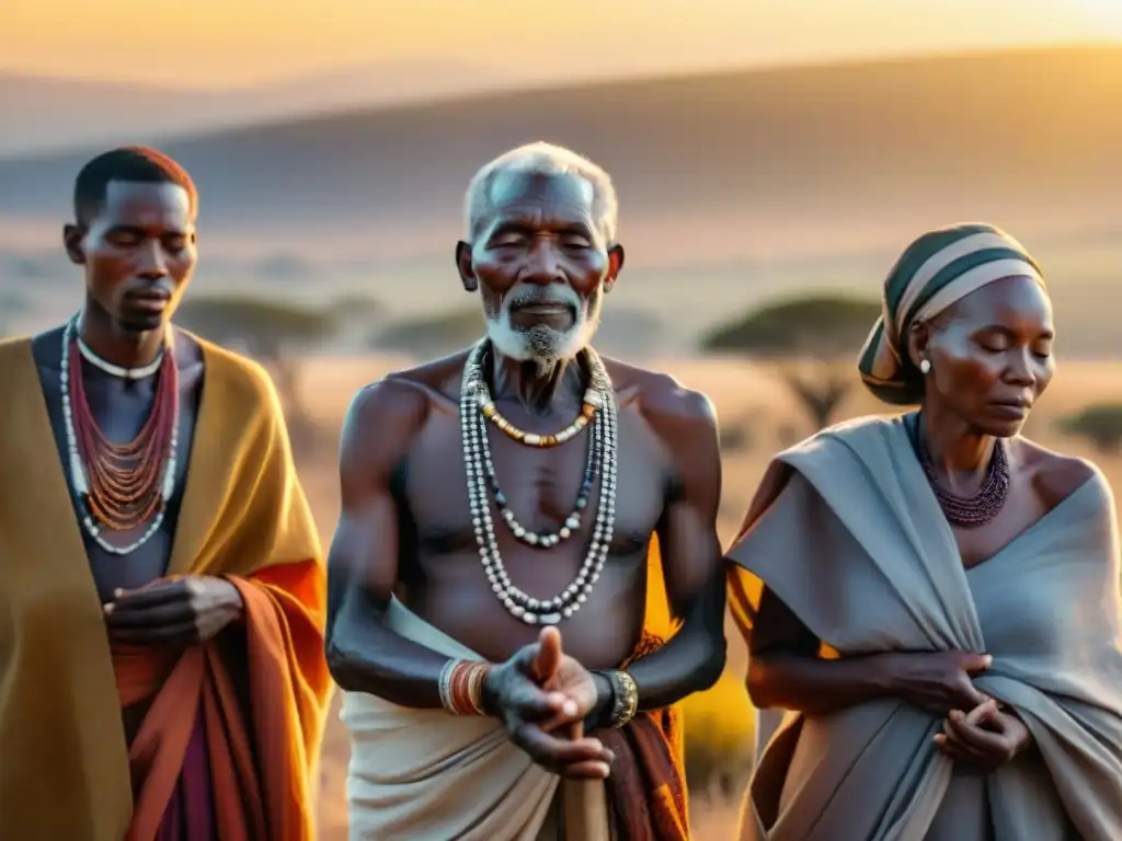 Grupo de ancianos africanos en un ritual de agradecimiento al sol en la sabana africana