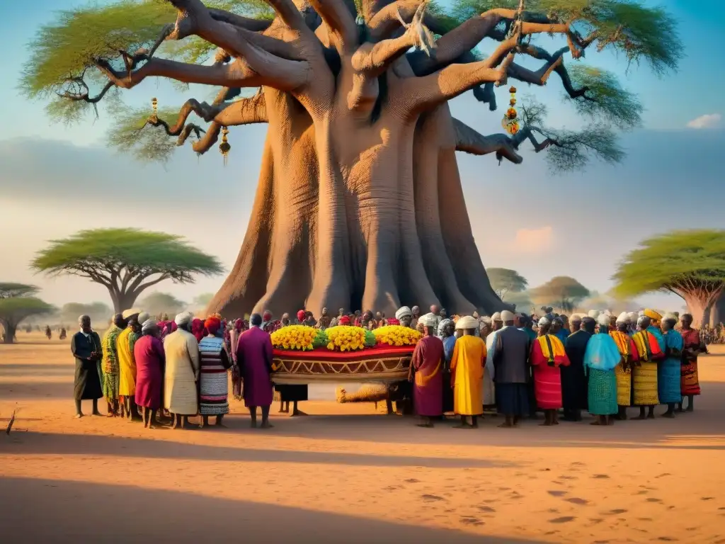 Un grupo de ancianos africanos realiza un ritual funerario bajo un baobab al atardecer