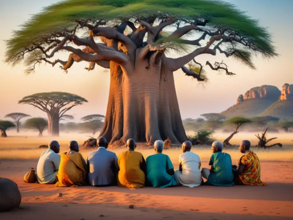 Un grupo de ancianos africanos en ritual silencioso bajo un baobab al atardecer